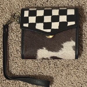 Cowhide & Checker Small Wristlet Wallet - Brown & White